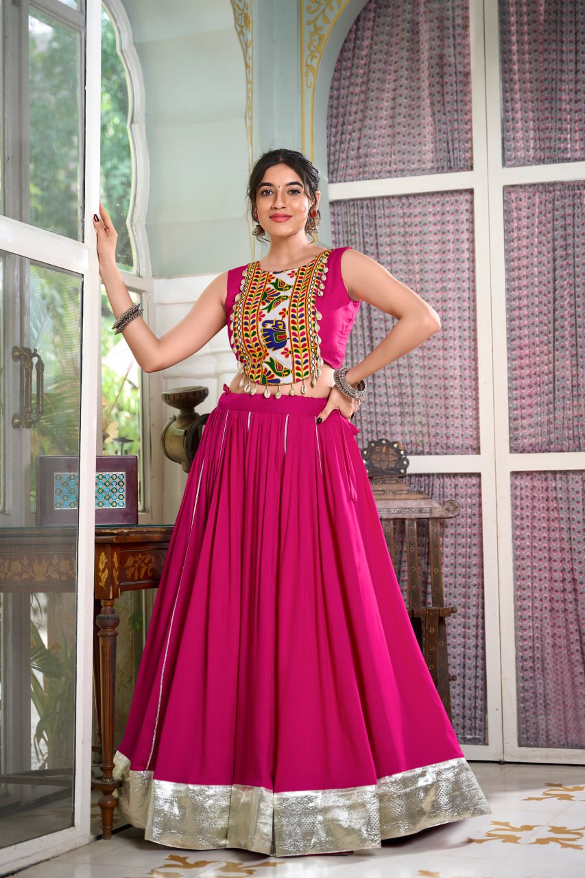 Navratri Lehenga 2025, Gamthi Work Blouse, Rayon Lehenga Choli, Kodi Lace Blouse, Gotta Patti Lehenga, Cowrie Work Choli, Stitched Navratri Lehenga, Traditional Garba Outfit, Dandiya Lehenga, 6 Meter Flare Lehenga, Festive Indian Wear, Ready to Wear Lehenga, Canvas Lined Lehenga