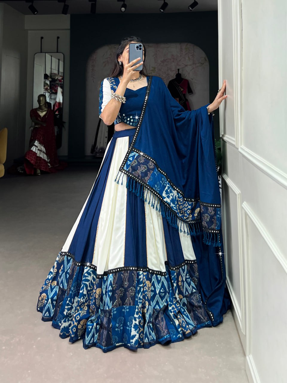 Blue Rayon Printed Lehenga Choli with Mirror Work & Gota Patti