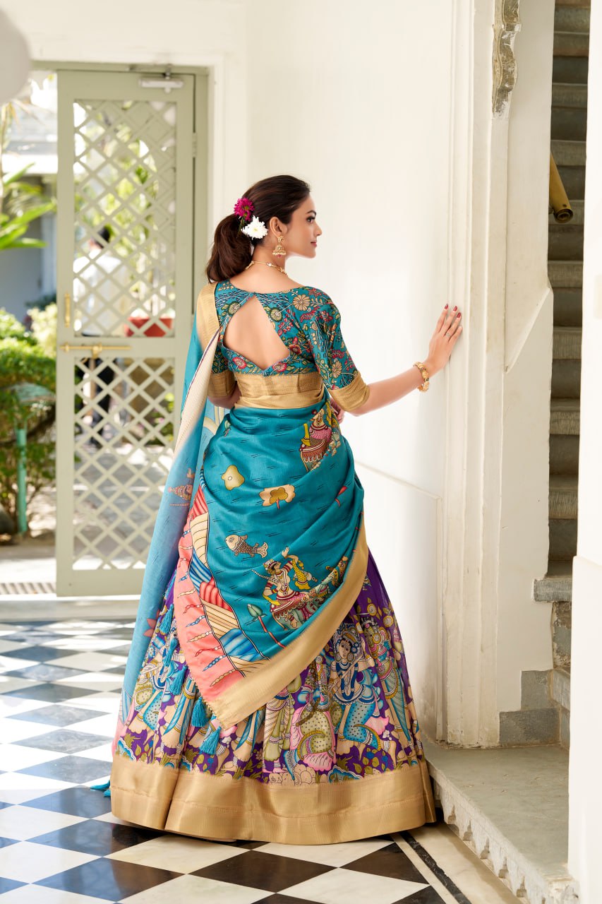 Dola Silk Lehenga Choli, Kalamkari Print Garba Choli, Festival Wear Lehenga Choli 2025, Designer Silk Lehenga for Women, Traditional Garba Outfit Online, Weaving Border Lehenga Choli Set, Tassel Dupatta Lehenga Choli, Indian Ethnic Wear for Festivals, Stitched Dola Silk Lehenga Set, Kalamkari Print Silk Chaniya Choli