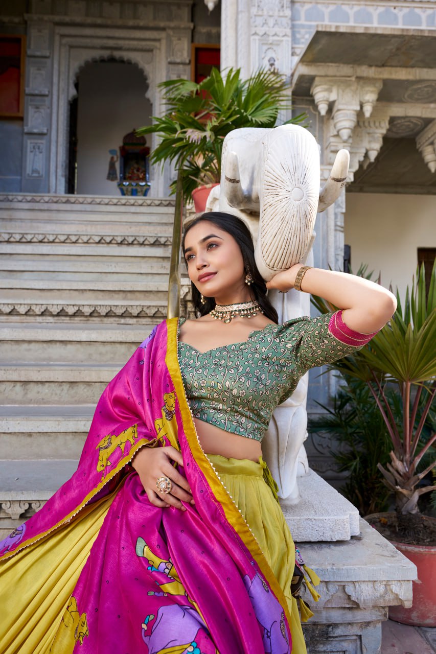 Yellow Kalamkari Lehenga Choli with Foil Work & Gota Patti Dupatta