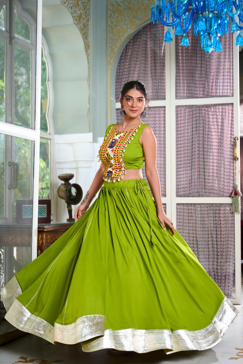 Navratri Lehenga 2025, Gamthi Work Blouse, Rayon Lehenga Choli, Kodi Lace Blouse, Gotta Patti Lehenga, Cowrie Work Choli, Stitched Navratri Lehenga, Traditional Garba Outfit, Dandiya Lehenga, 6 Meter Flare Lehenga, Festive Indian Wear, Ready to Wear Lehenga, Canvas Lined Lehenga