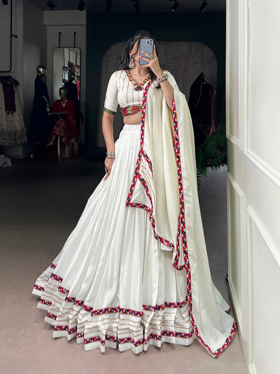 White Rayon Original Mirror Work Gamthi Lehenga Choli