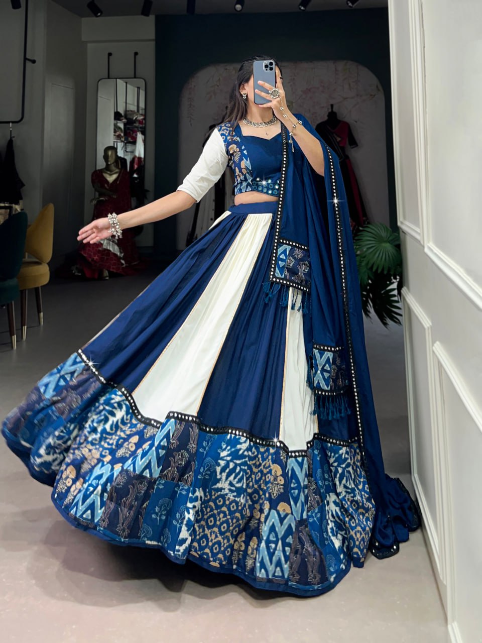 Blue Rayon Printed Lehenga Choli with Mirror Work & Gota Patti