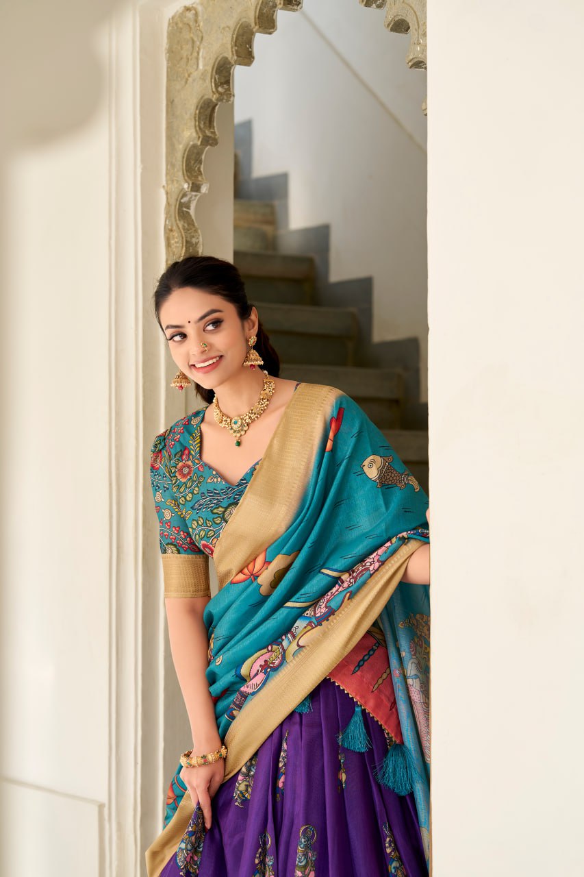 Dola Silk Lehenga Choli, Kalamkari Print Garba Choli, Festival Wear Lehenga Choli 2025, Designer Silk Lehenga for Women, Traditional Garba Outfit Online, Weaving Border Lehenga Choli Set, Tassel Dupatta Lehenga Choli, Indian Ethnic Wear for Festivals, Stitched Dola Silk Lehenga Set, Kalamkari Print Silk Chaniya Choli