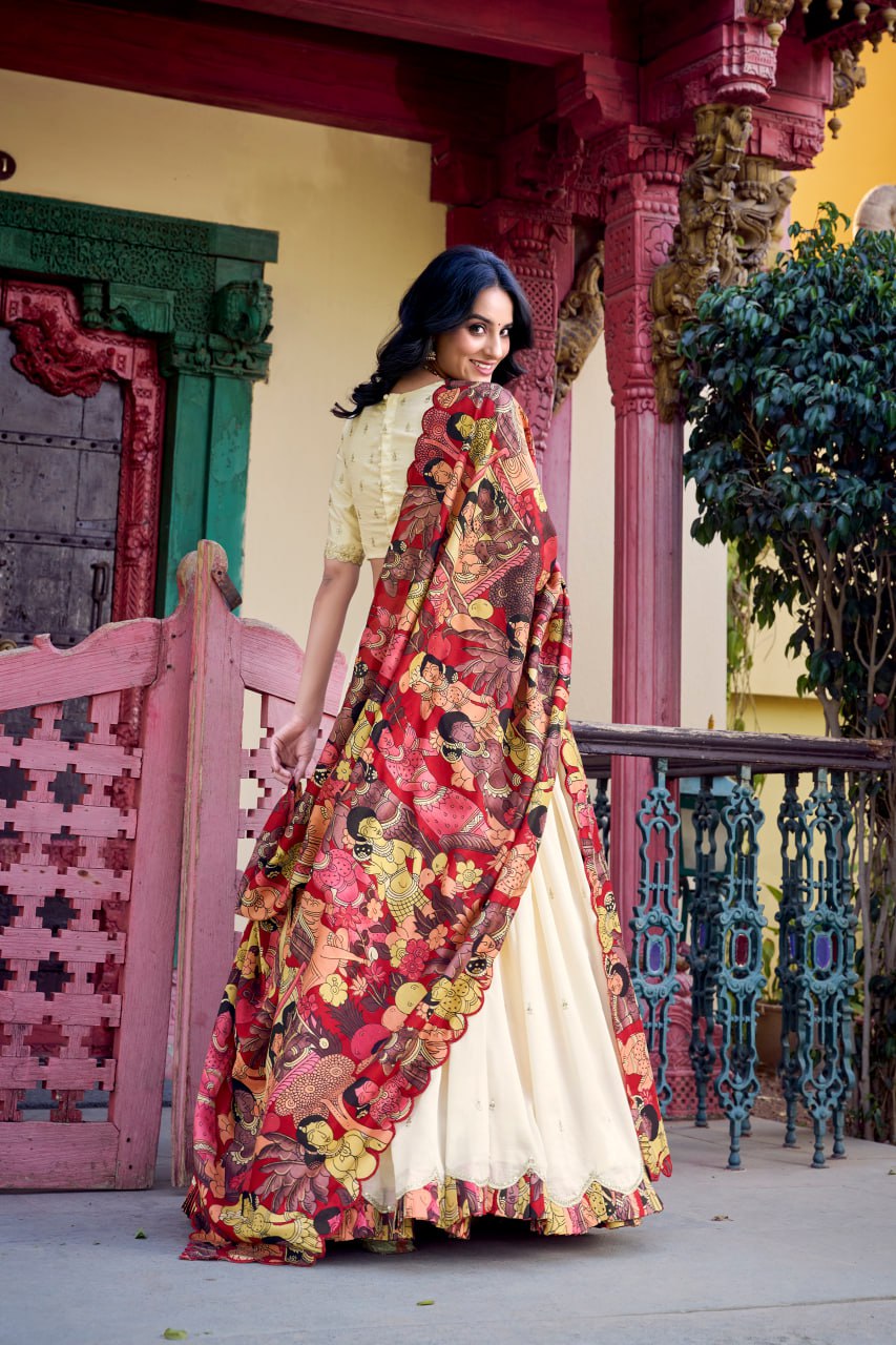 Off White Designer Wedding Lehenga Choli with Foil Print & Dupatta