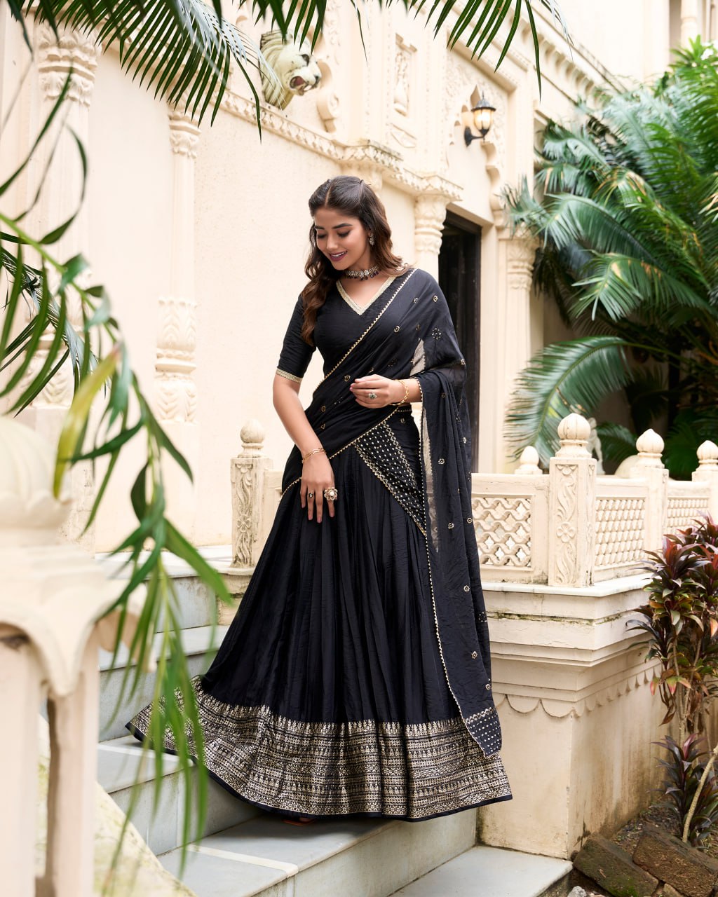 Pure Chanderi Black Chaniya Choli for Navratri with Zari Weaving Border & Sequins Dupatta