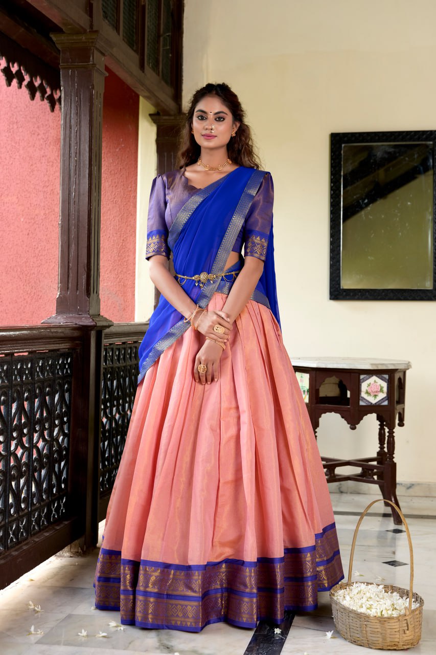 Peach Heritage Kanchipuram Silk Lehenga Choli with Zari Weaving & Dupatta