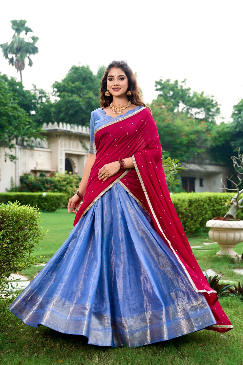 Turquoise Kanchipuram Lehenga Choli with Zari Weaving Work & Vichitra Silk Embroidered Dupatta