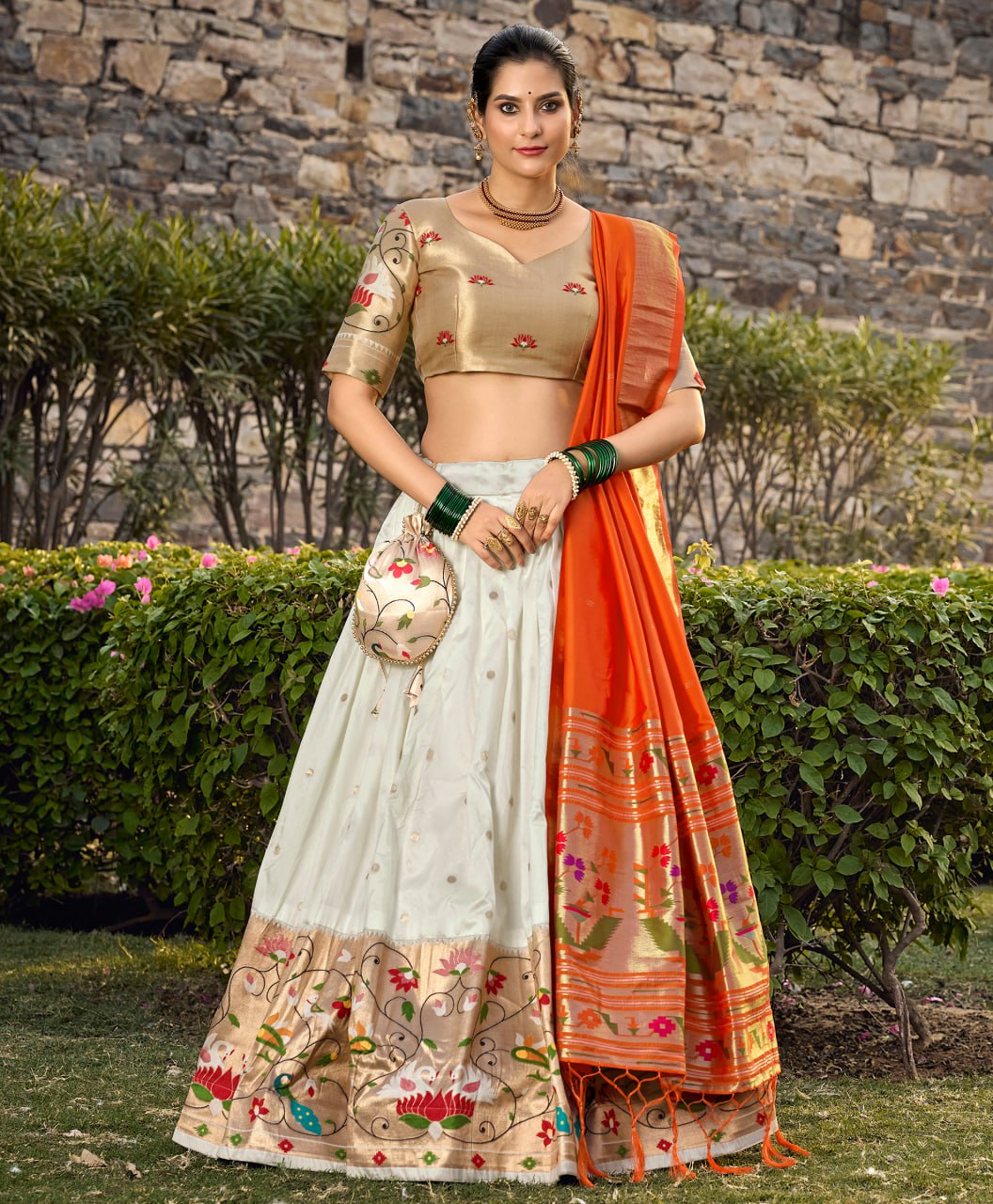 White Paithani Lehenga Choli with Zari Weaving Work, Dupatta & Batwa