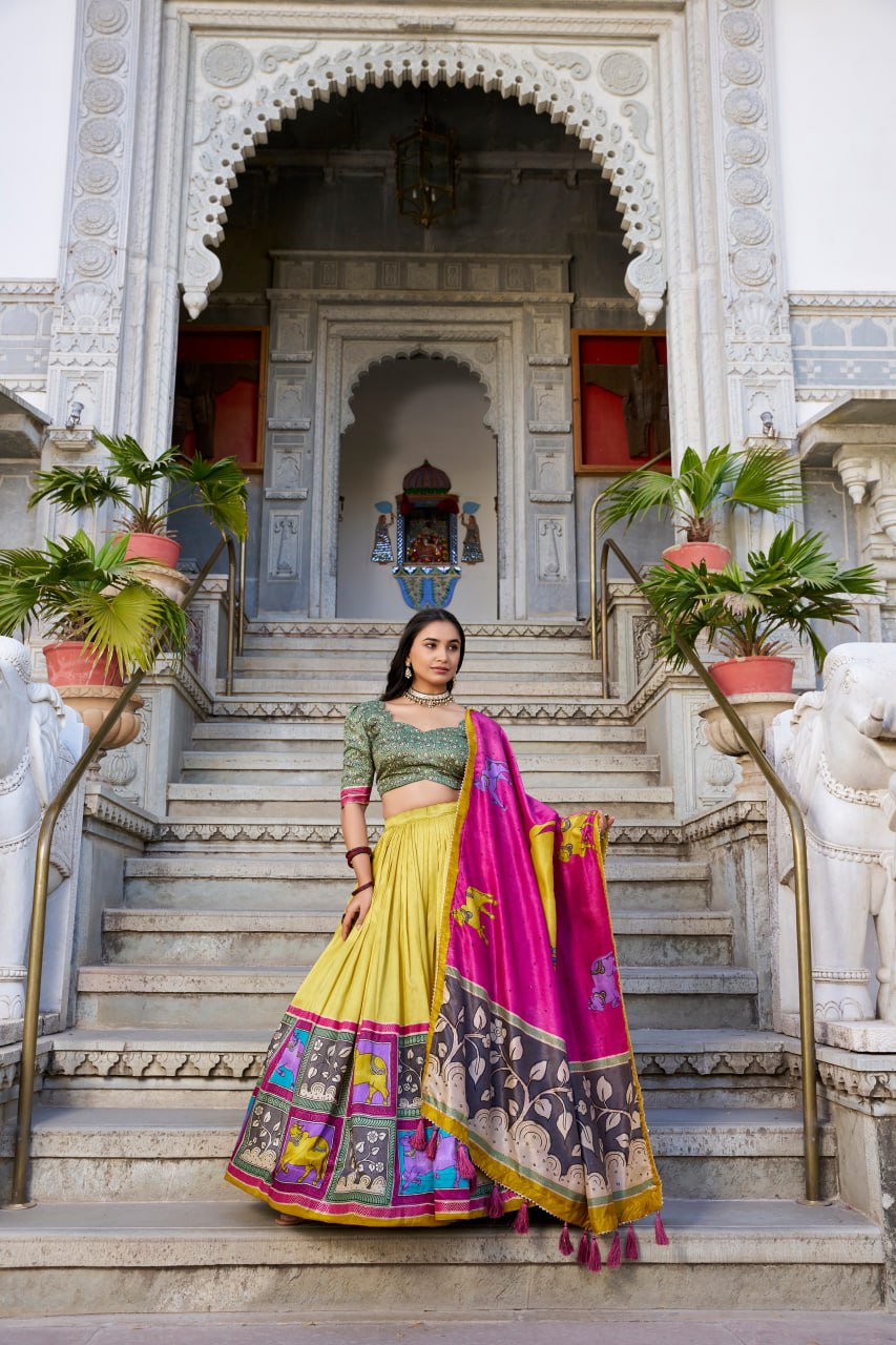 Yellow Kalamkari Lehenga Choli with Foil Work & Gota Patti Dupatta