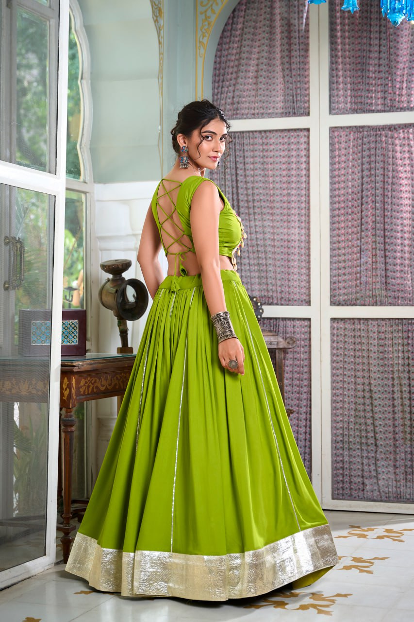 Navratri Lehenga 2025, Gamthi Work Blouse, Rayon Lehenga Choli, Kodi Lace Blouse, Gotta Patti Lehenga, Cowrie Work Choli, Stitched Navratri Lehenga, Traditional Garba Outfit, Dandiya Lehenga, 6 Meter Flare Lehenga, Festive Indian Wear, Ready to Wear Lehenga, Canvas Lined Lehenga