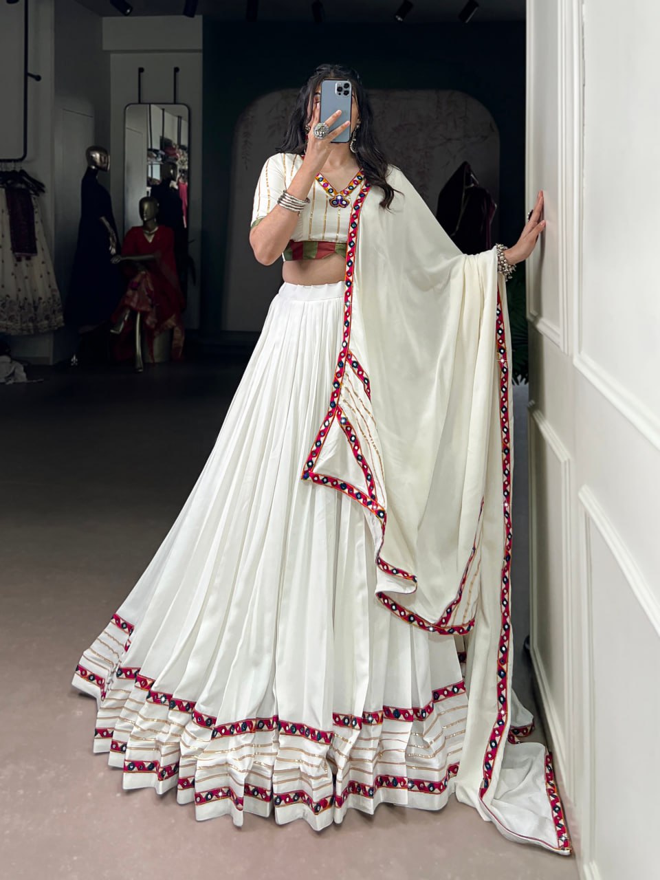 White Rayon Original Mirror Work Gamthi Lehenga Choli