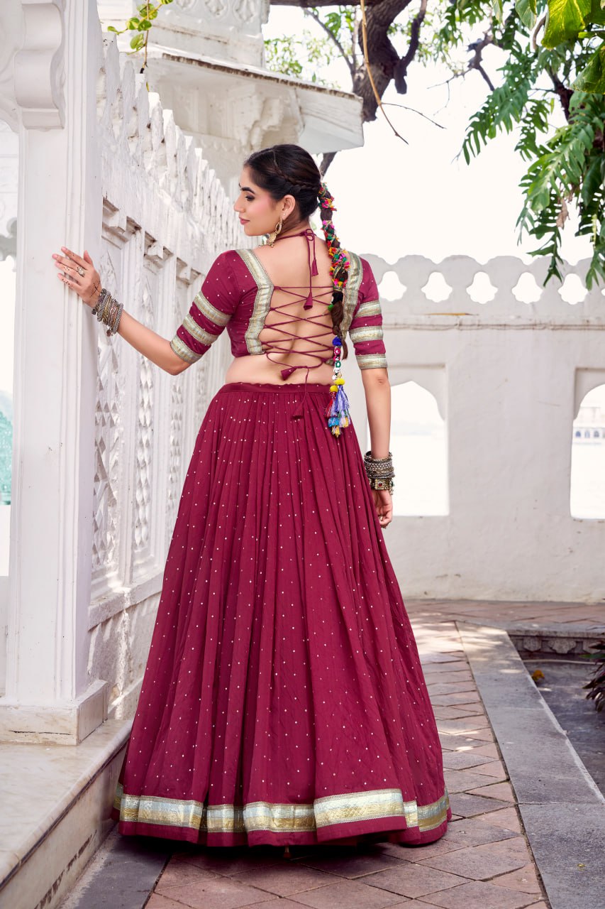 Maroon Pure Chanderi Silk Lehenga Choli With Zari Weaving & Lace Touch Up