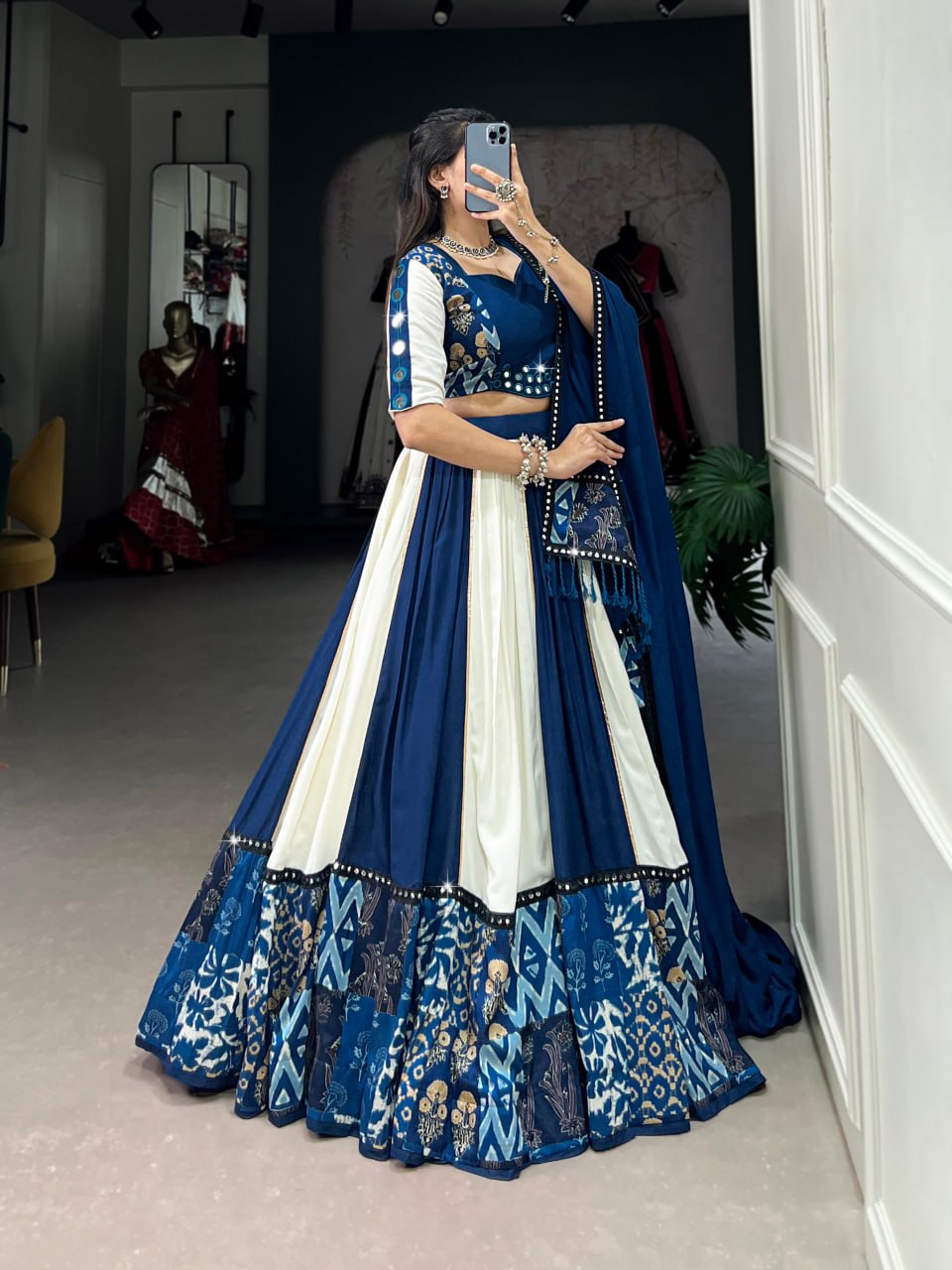 Blue Rayon Printed Lehenga Choli with Mirror Work & Gota Patti