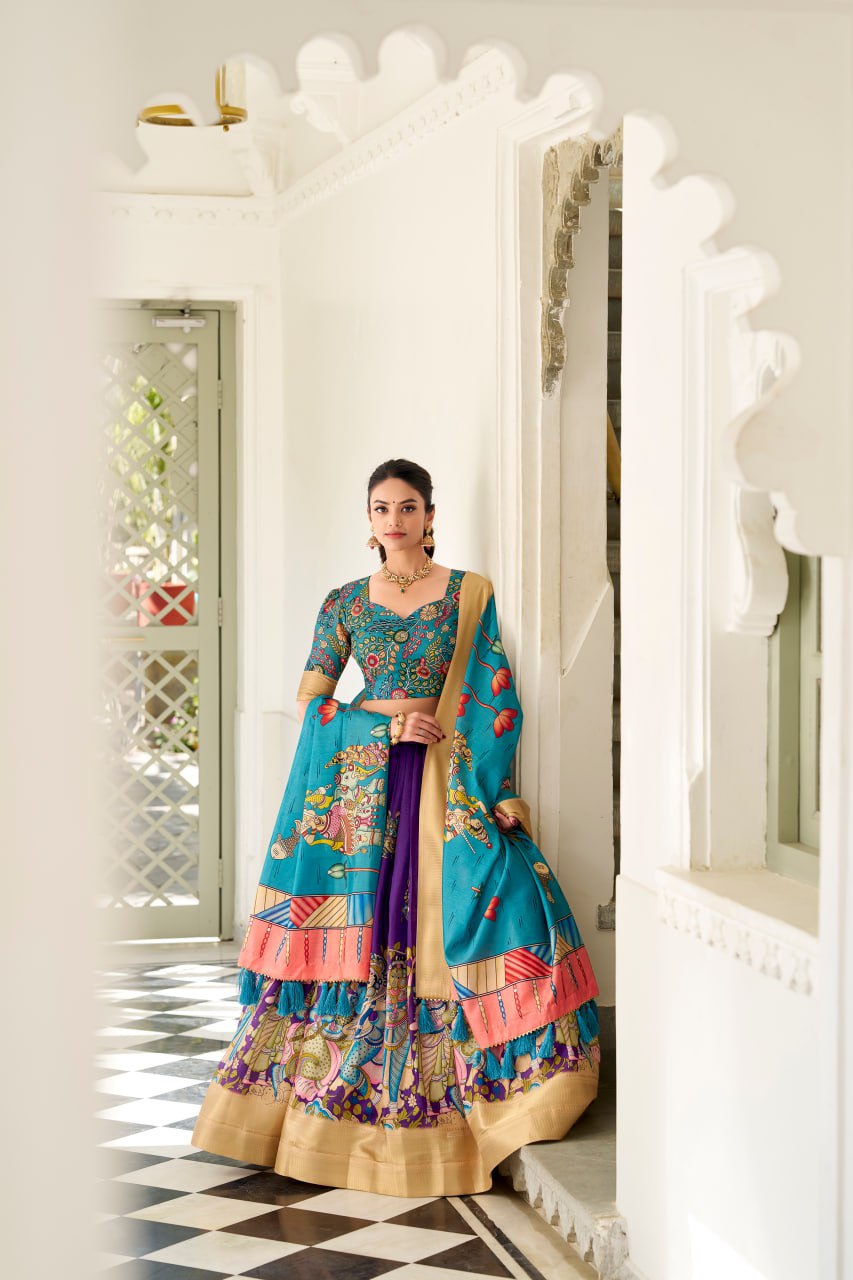 Dola Silk Lehenga Choli, Kalamkari Print Garba Choli, Festival Wear Lehenga Choli 2025, Designer Silk Lehenga for Women, Traditional Garba Outfit Online, Weaving Border Lehenga Choli Set, Tassel Dupatta Lehenga Choli, Indian Ethnic Wear for Festivals, Stitched Dola Silk Lehenga Set, Kalamkari Print Silk Chaniya Choli