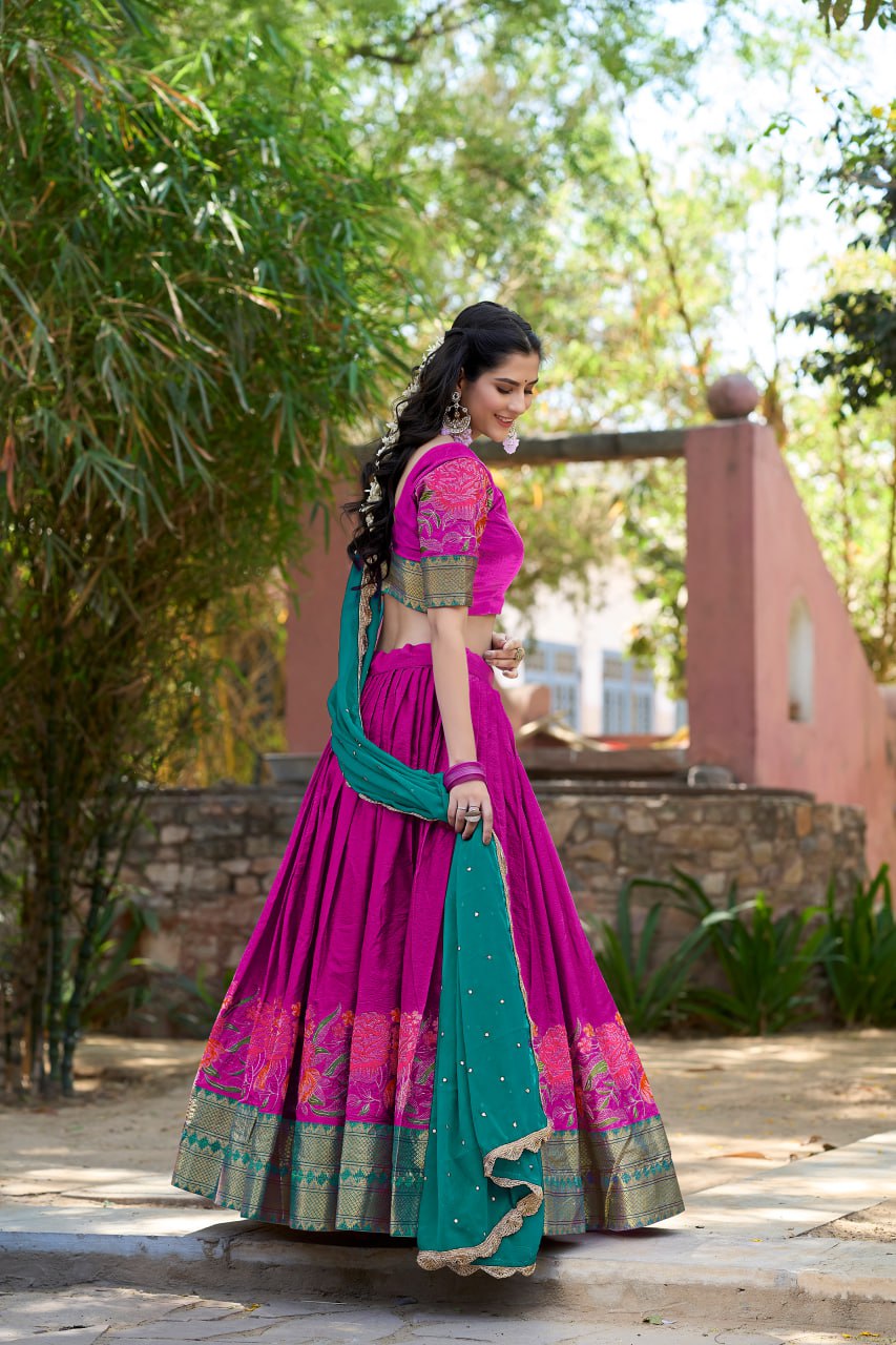 Pink Cotton Silk Lehenga Choli Thread Embroidery with Drape Georgette Dupatta