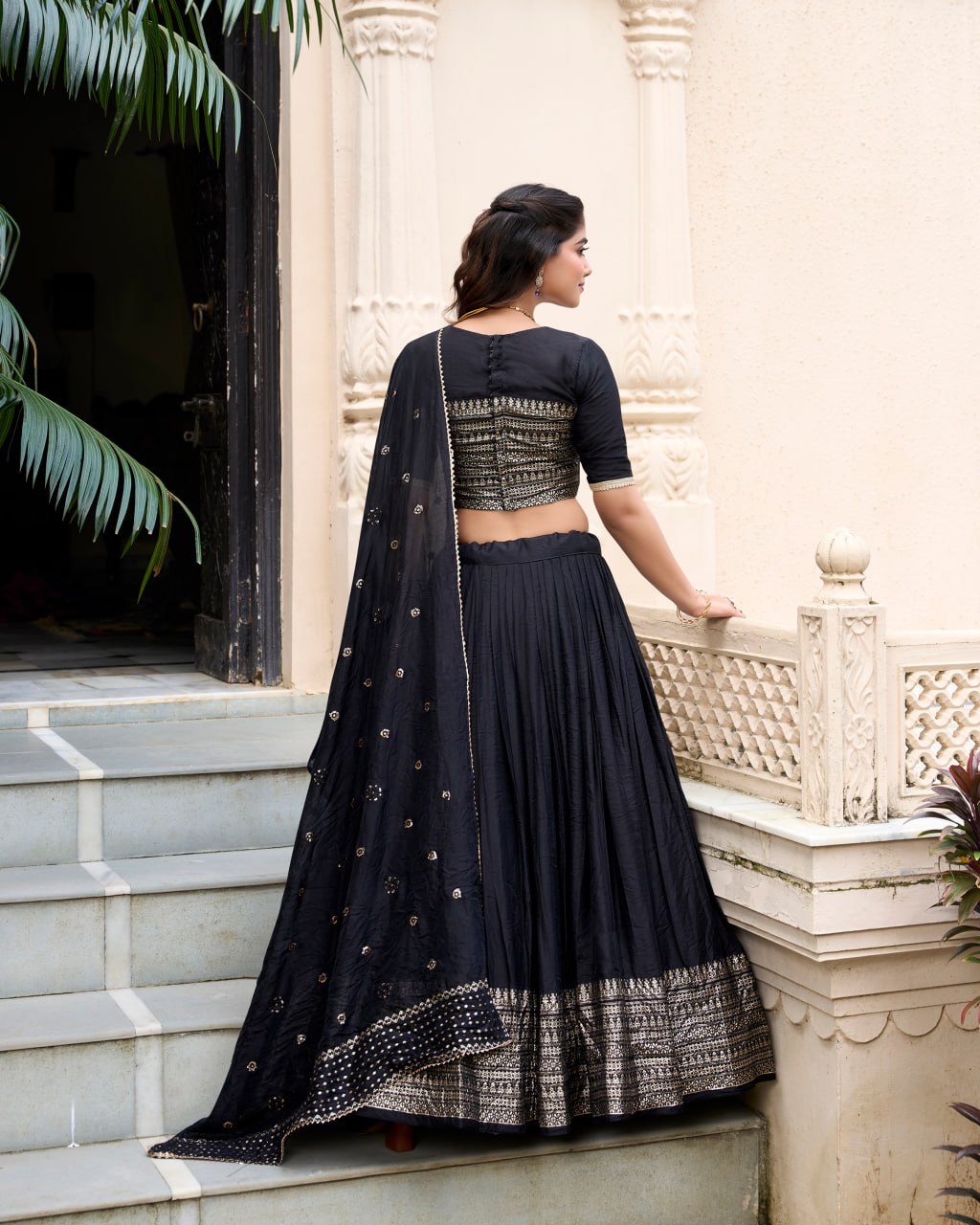Pure Chanderi Black Chaniya Choli for Navratri with Zari Weaving Border & Sequins Dupatta