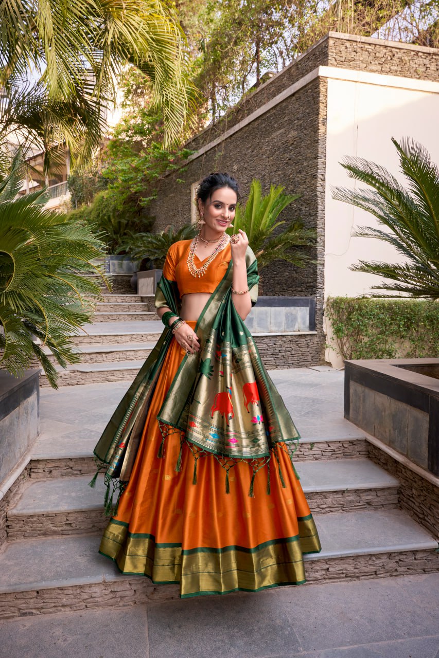 Orange Premium Paithani Lehenga Choli with Zari Weaving Work