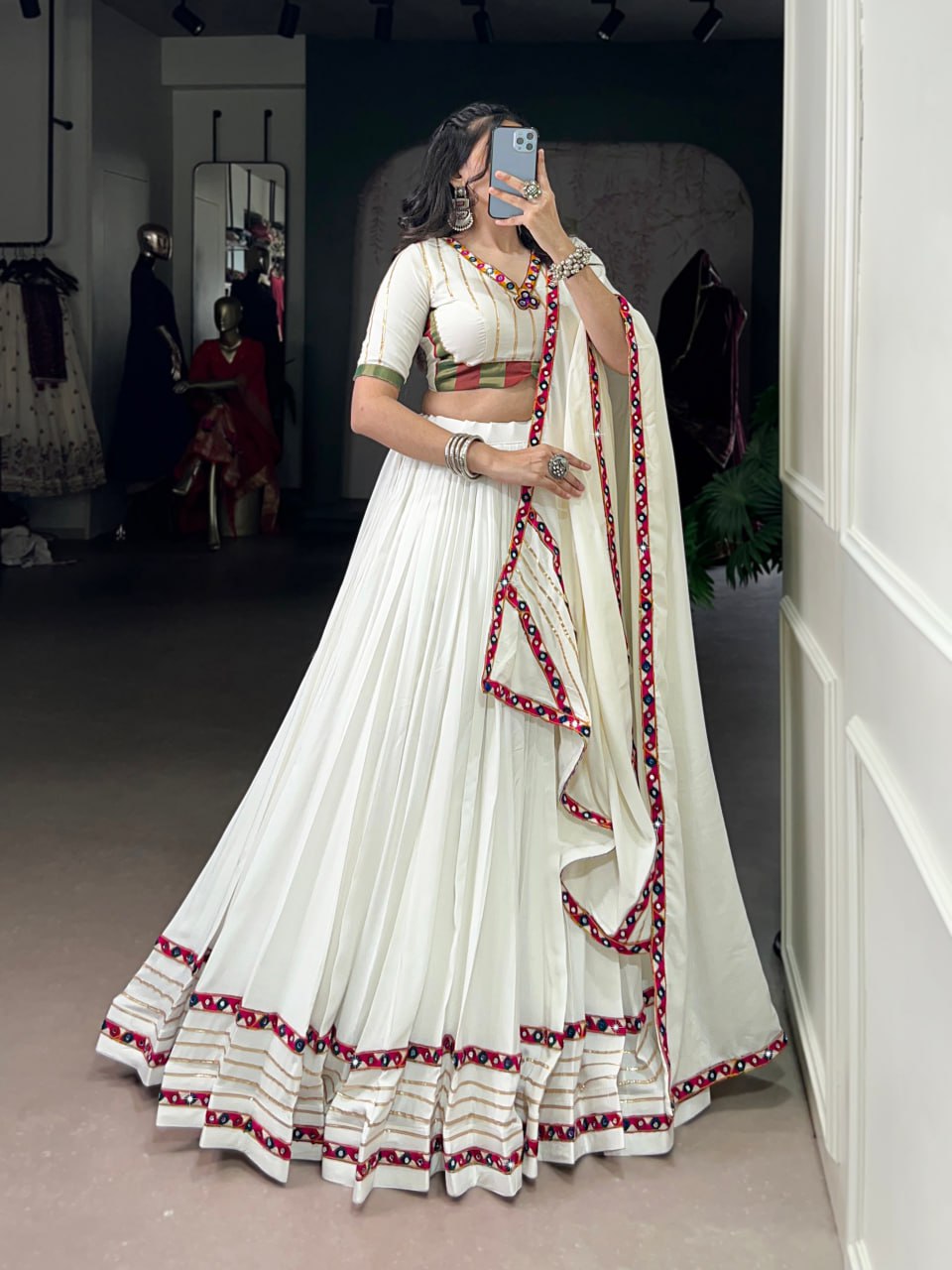 White Rayon Original Mirror Work Gamthi Lehenga Choli