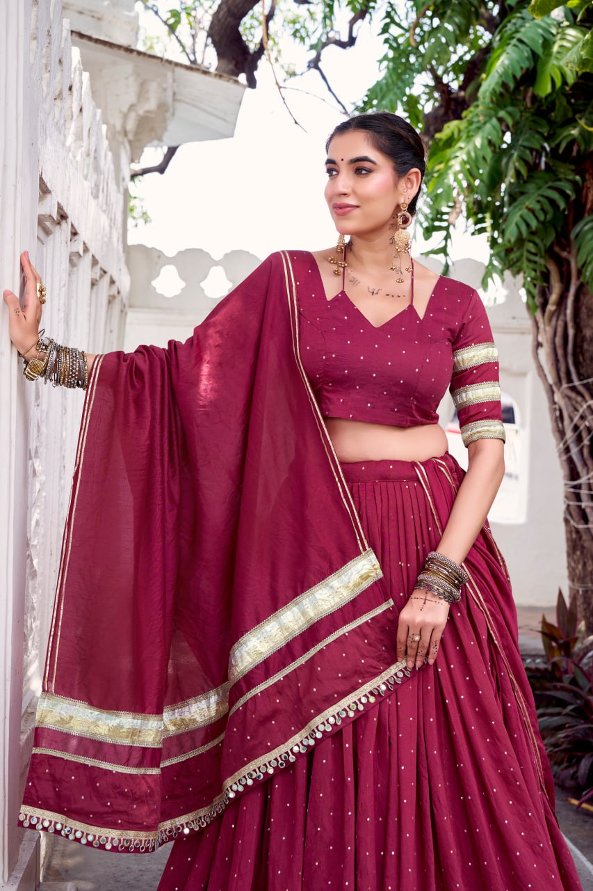 Maroon Pure Chanderi Silk Lehenga Choli With Zari Weaving & Lace Touch Up