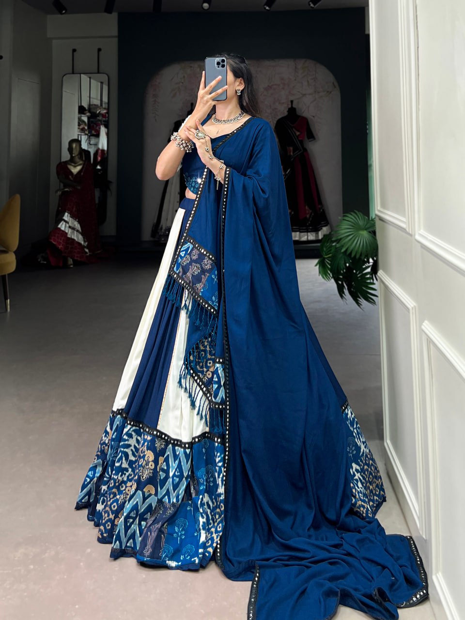 Blue Rayon Printed Lehenga Choli with Mirror Work & Gota Patti