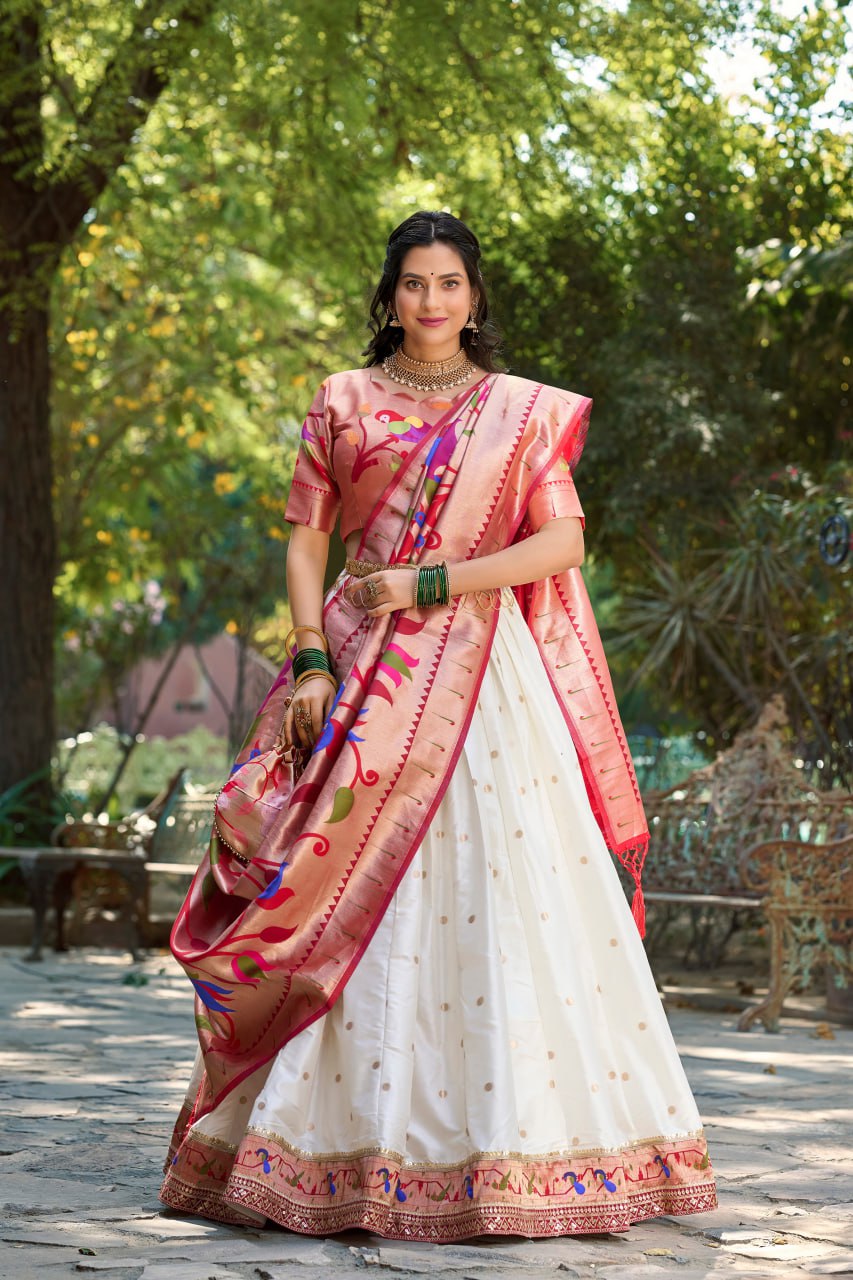 White Heritage Paithani Lehenga Choli with Zari Weaving Work