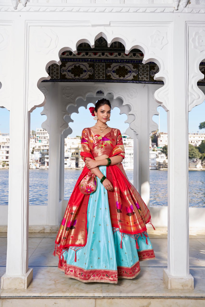 Sky Blue Paithani Traditional Lehenga Choli with Dupatta & Zari Weaving