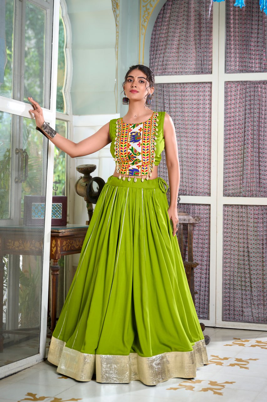 Navratri Lehenga 2025, Gamthi Work Blouse, Rayon Lehenga Choli, Kodi Lace Blouse, Gotta Patti Lehenga, Cowrie Work Choli, Stitched Navratri Lehenga, Traditional Garba Outfit, Dandiya Lehenga, 6 Meter Flare Lehenga, Festive Indian Wear, Ready to Wear Lehenga, Canvas Lined Lehenga