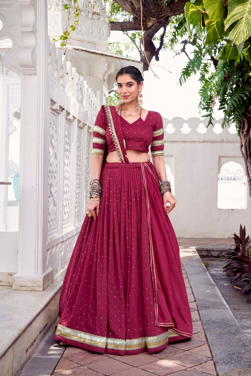 Maroon Pure Chanderi Silk Lehenga Choli With Zari Weaving & Lace Touch Up