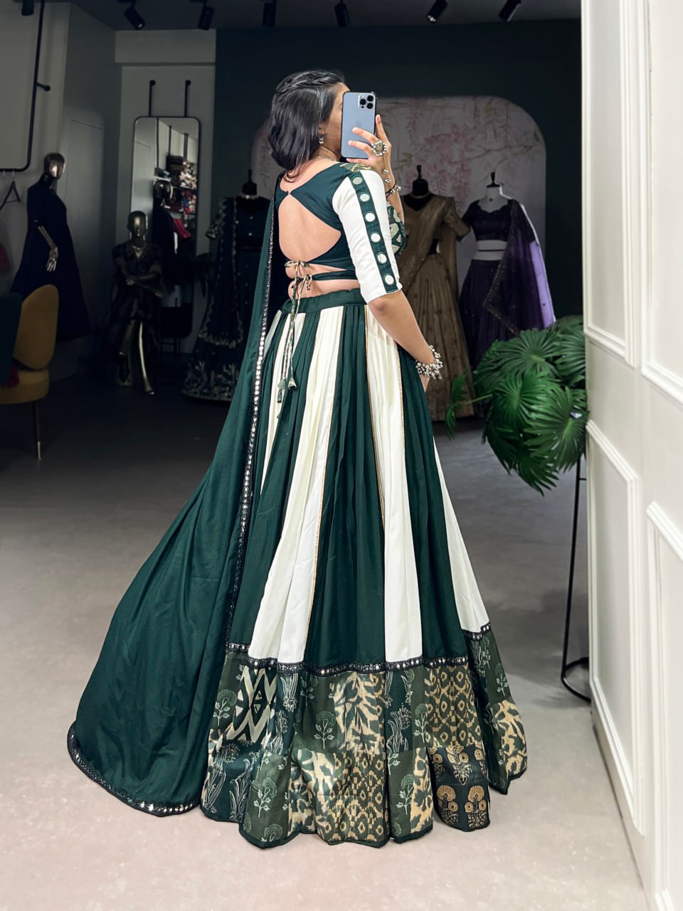 Green Rayon Printed Lehenga Choli with Mirror Work & Gota Patti