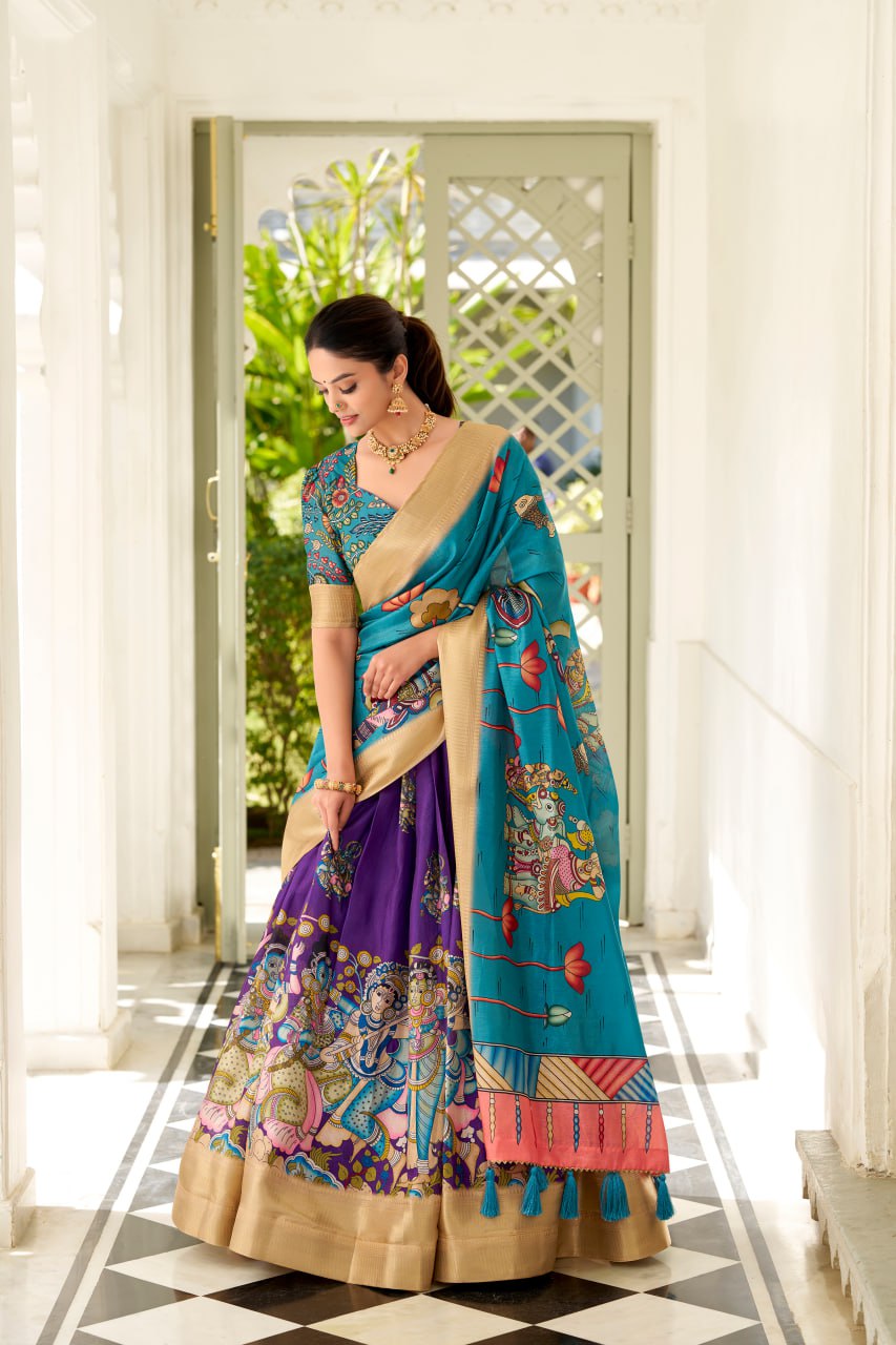 Dola Silk Lehenga Choli, Kalamkari Print Garba Choli, Festival Wear Lehenga Choli 2025, Designer Silk Lehenga for Women, Traditional Garba Outfit Online, Weaving Border Lehenga Choli Set, Tassel Dupatta Lehenga Choli, Indian Ethnic Wear for Festivals, Stitched Dola Silk Lehenga Set, Kalamkari Print Silk Chaniya Choli