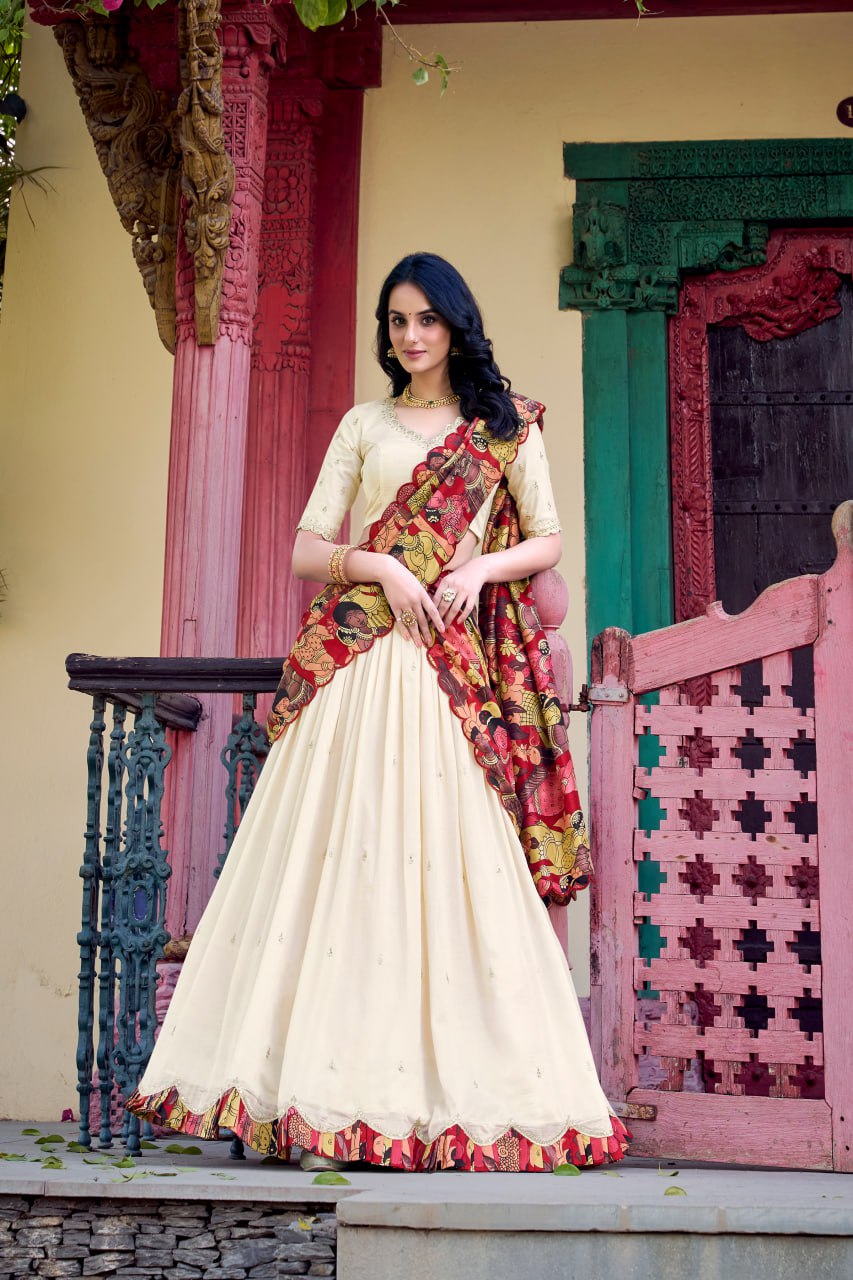 Off White Designer Wedding Lehenga Choli with Foil Print & Dupatta