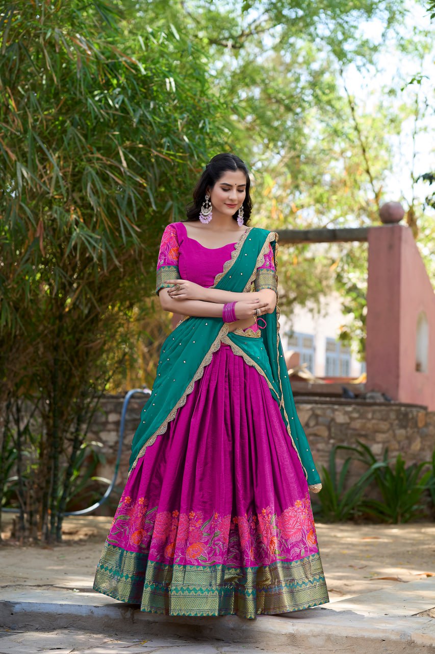Pink Cotton Silk Lehenga Choli Thread Embroidery with Drape Georgette Dupatta