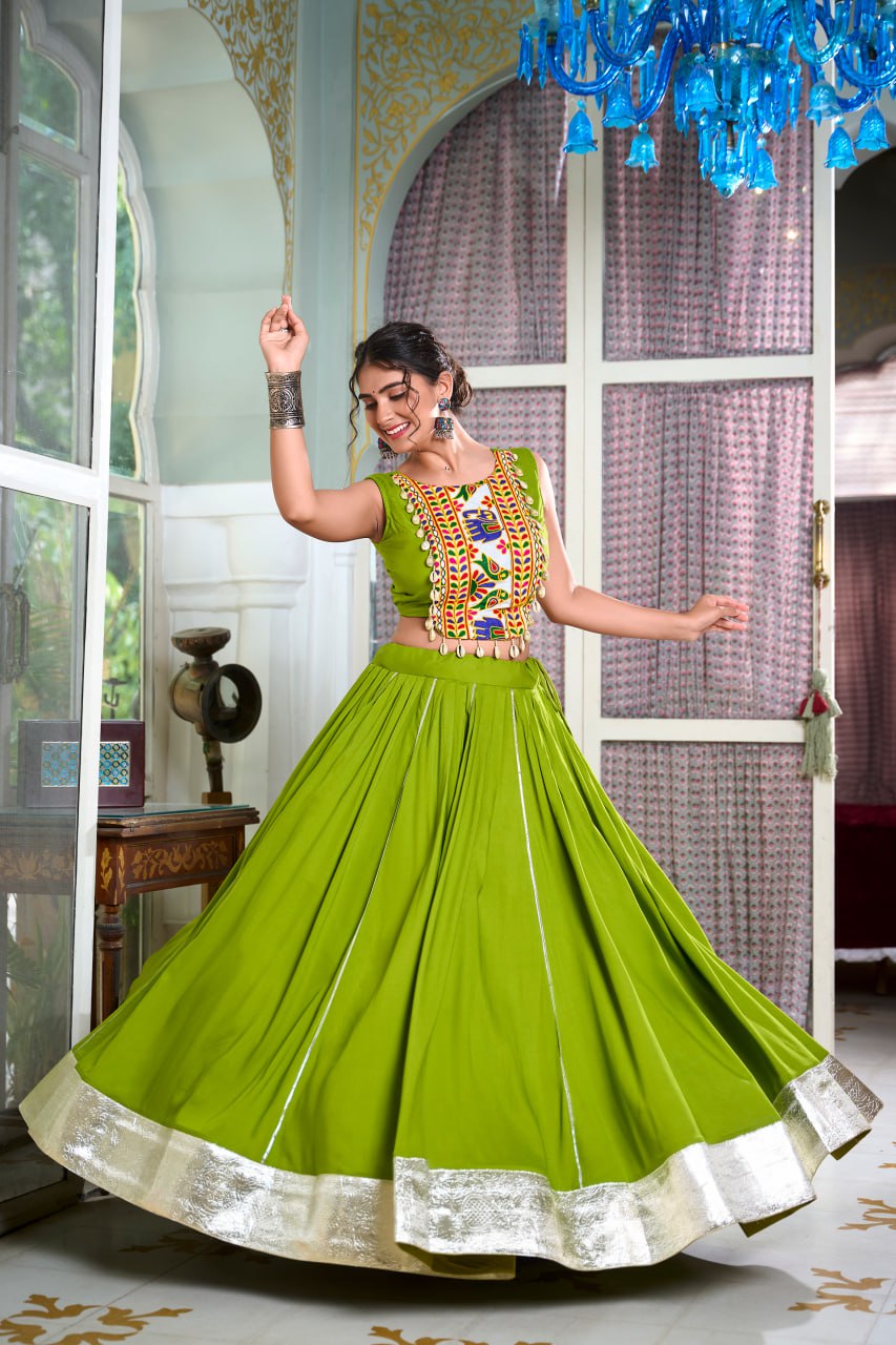 Navratri Lehenga 2025, Gamthi Work Blouse, Rayon Lehenga Choli, Kodi Lace Blouse, Gotta Patti Lehenga, Cowrie Work Choli, Stitched Navratri Lehenga, Traditional Garba Outfit, Dandiya Lehenga, 6 Meter Flare Lehenga, Festive Indian Wear, Ready to Wear Lehenga, Canvas Lined Lehenga