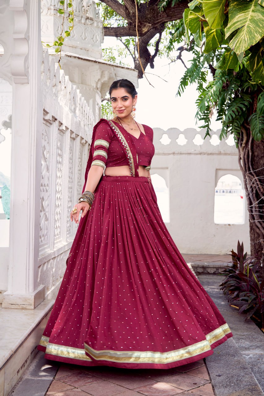 Maroon Pure Chanderi Silk Lehenga Choli With Zari Weaving & Lace Touch Up