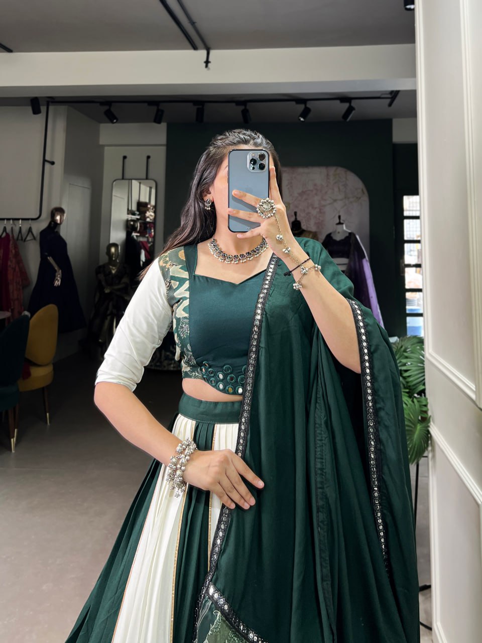 Green Rayon Printed Lehenga Choli with Mirror Work & Gota Patti