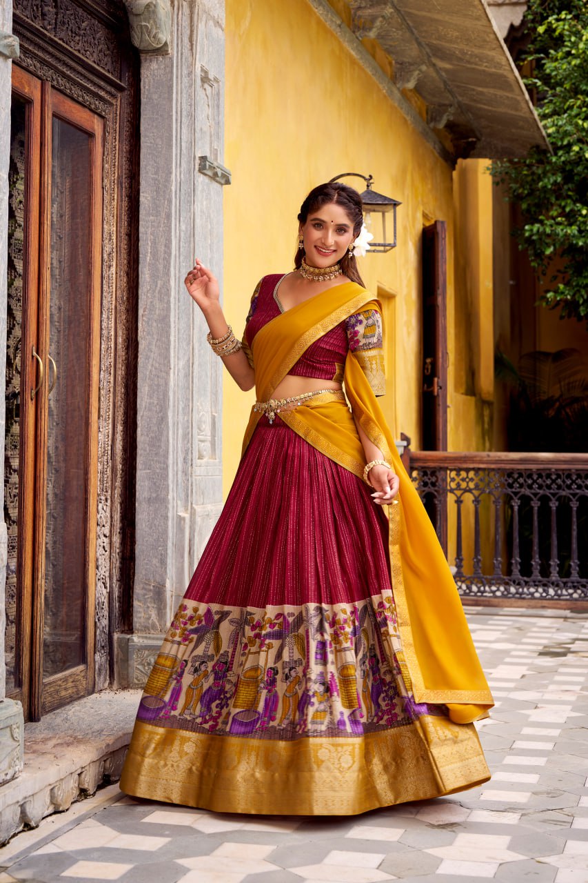 Red Poly Kalamkari Printed Chanderi Lehenga Choli