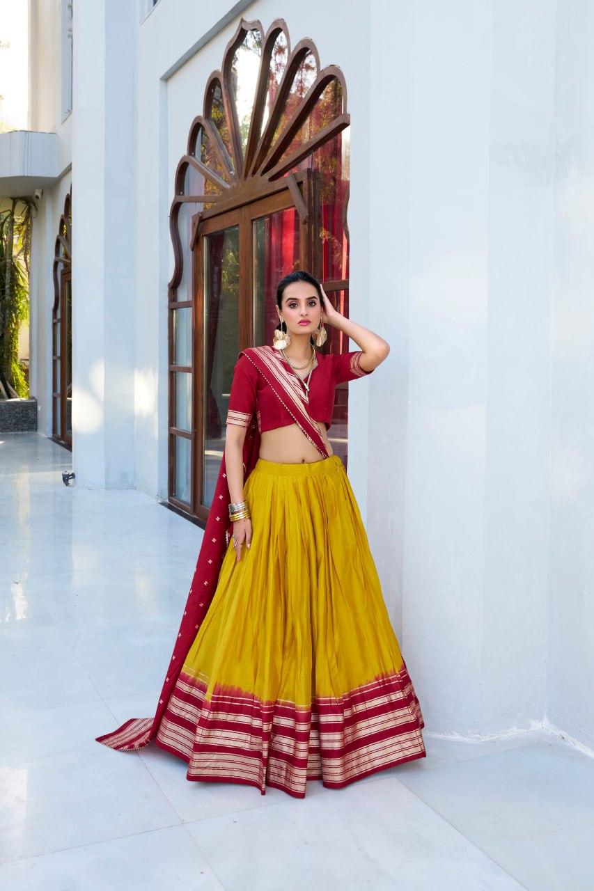 Designer Pure Chanderi Mustard Yellow Bridal Lehenga Choli with Zari Weaving Work & Dupatta