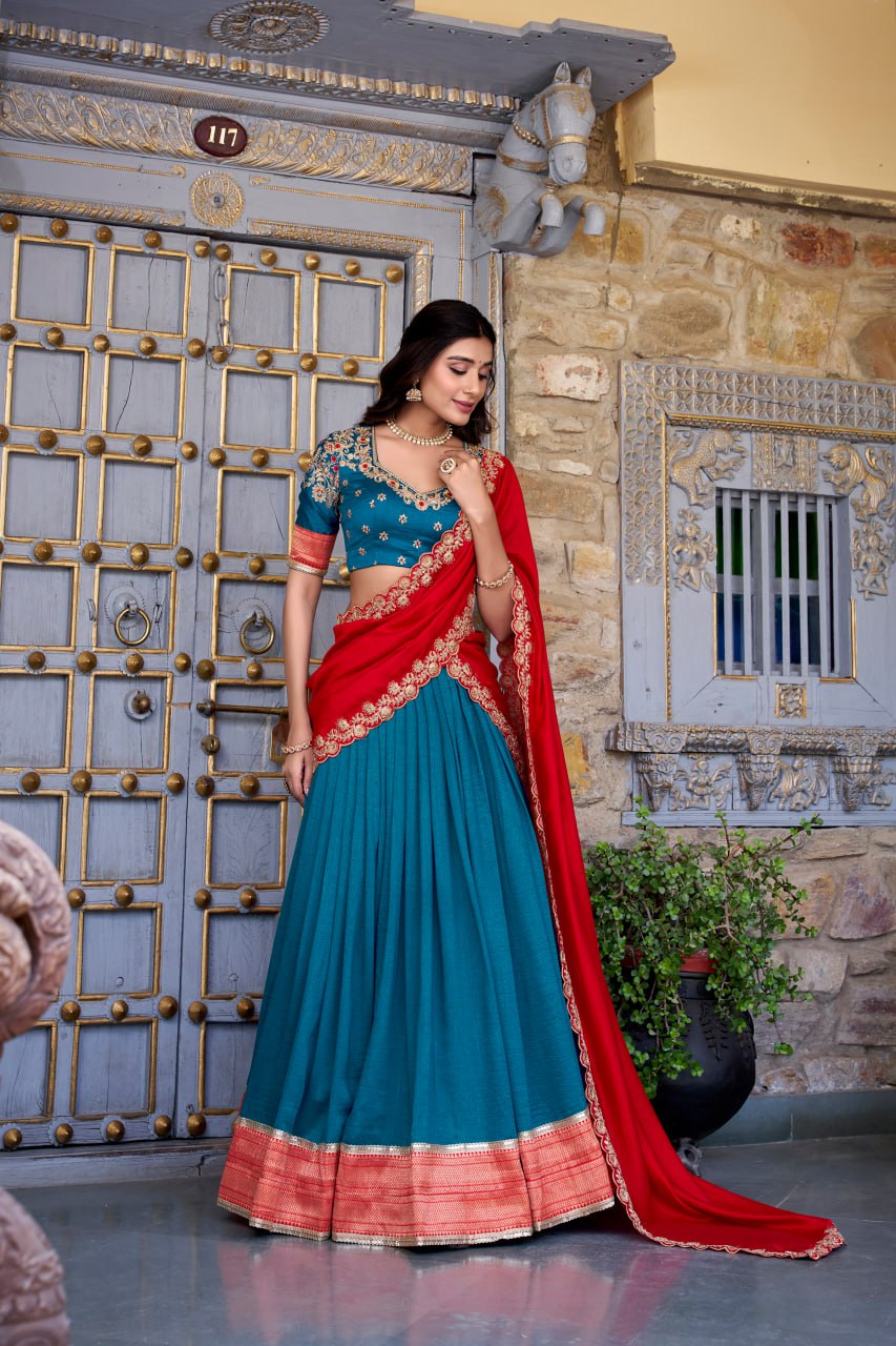 Teal Blue Party Wear Lehenga Choli with Zari Weaving & Dupatta