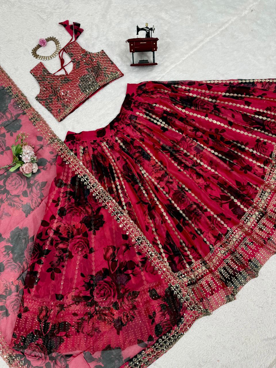 Tabby Organza Lehenga, Sequin Work Lehenga, Organza Choli Set, Full Stitch Lehenga, Lace Border Dupatta, Lightweight Lehenga, Wedding Lehenga Choli, Festive Ethnic Wear, Designer Organza Lehenga, Traditional Lehenga Choli, 3 Meter Flair Lehenga, Unstitched Blouse, Micro Inner Lehenga