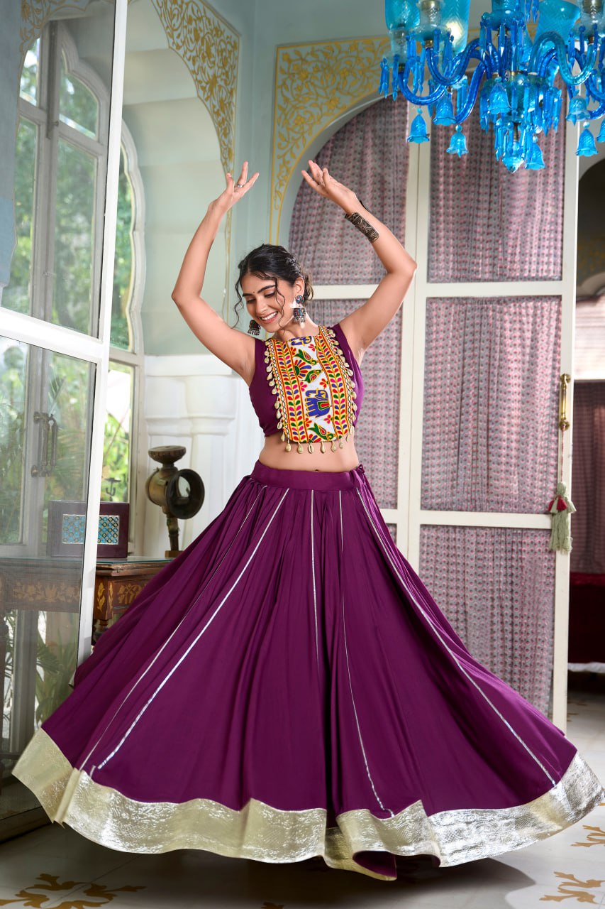 Navratri Lehenga 2025, Gamthi Work Blouse, Rayon Lehenga Choli, Kodi Lace Blouse, Gotta Patti Lehenga, Cowrie Work Choli, Stitched Navratri Lehenga, Traditional Garba Outfit, Dandiya Lehenga, 6 Meter Flare Lehenga, Festive Indian Wear, Ready to Wear Lehenga, Canvas Lined Lehenga