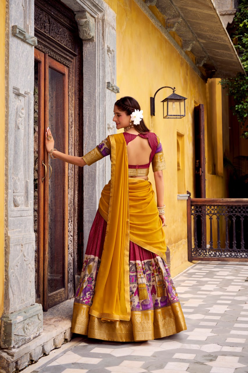 Red Poly Kalamkari Printed Chanderi Lehenga Choli