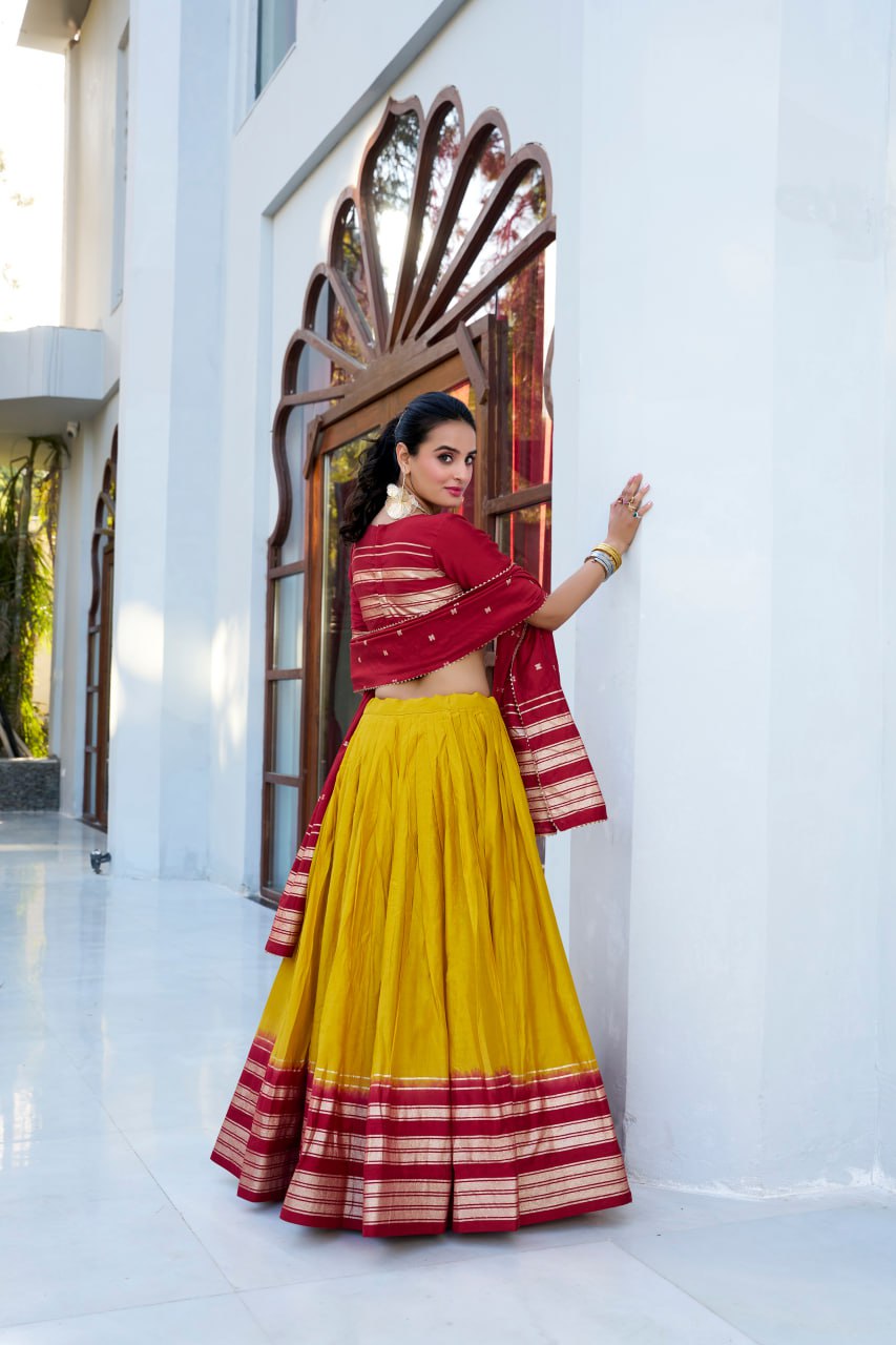 Designer Pure Chanderi Mustard Yellow Bridal Lehenga Choli with Zari Weaving Work & Dupatta