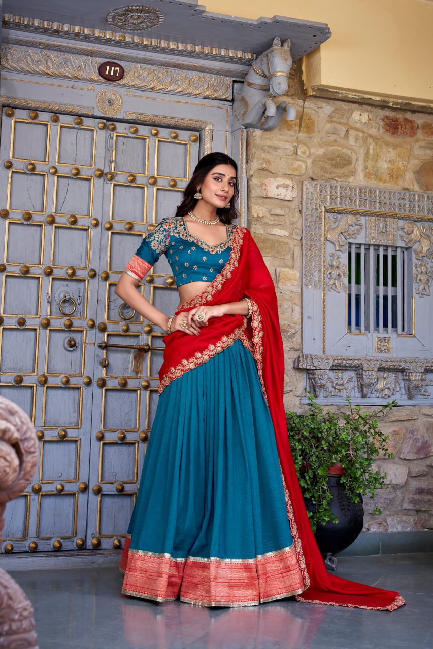 Teal Blue Party Wear Lehenga Choli with Zari Weaving & Dupatta
