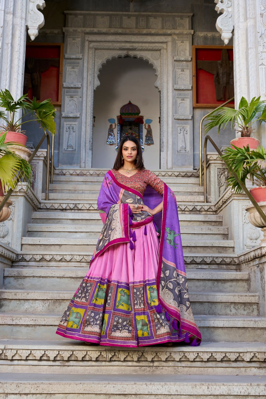 Peach Kalamkari Lehenga Choli with Foil Work & Gota Patti Dupatta