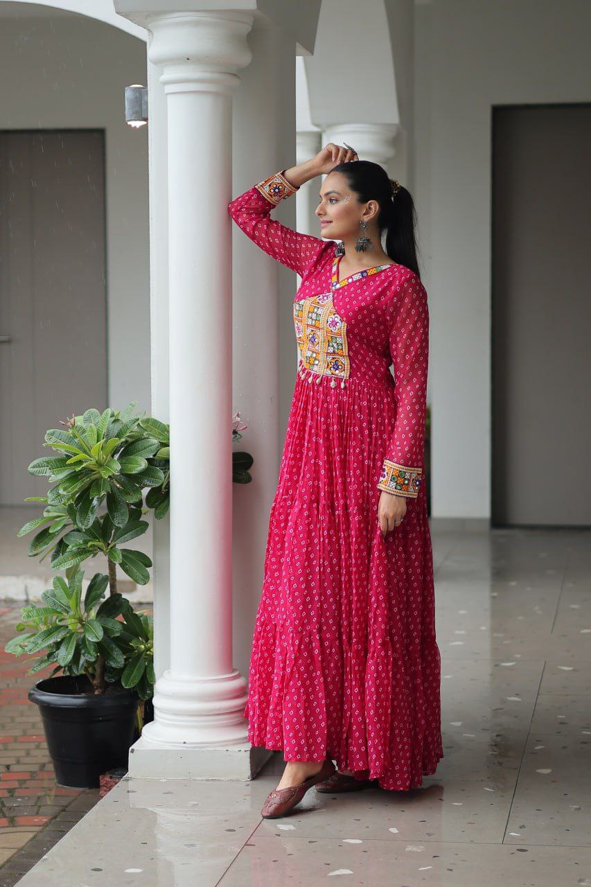 Bandhani Print Kutchi Work Navratri Gown