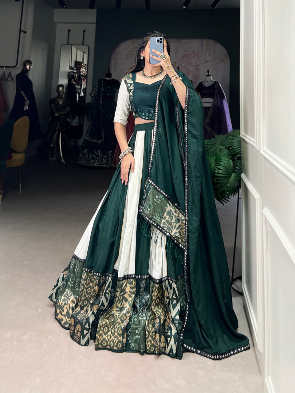 Green Rayon Printed Lehenga Choli with Mirror Work & Gota Patti