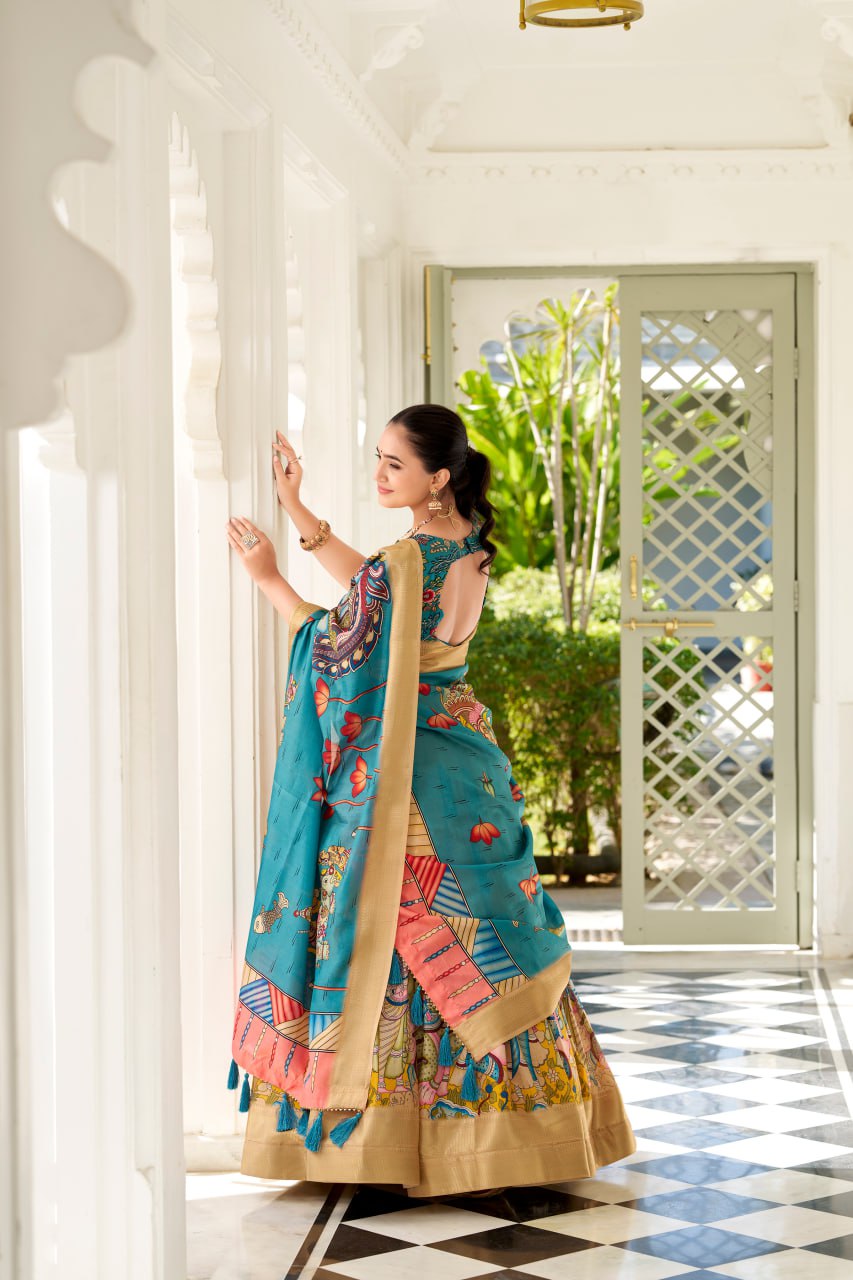 Dola Silk Lehenga Choli, Kalamkari Print Garba Choli, Festival Wear Lehenga Choli 2025, Designer Silk Lehenga for Women, Traditional Garba Outfit Online, Weaving Border Lehenga Choli Set, Tassel Dupatta Lehenga Choli, Indian Ethnic Wear for Festivals, Stitched Dola Silk Lehenga Set, Kalamkari Print Silk Chaniya Choli