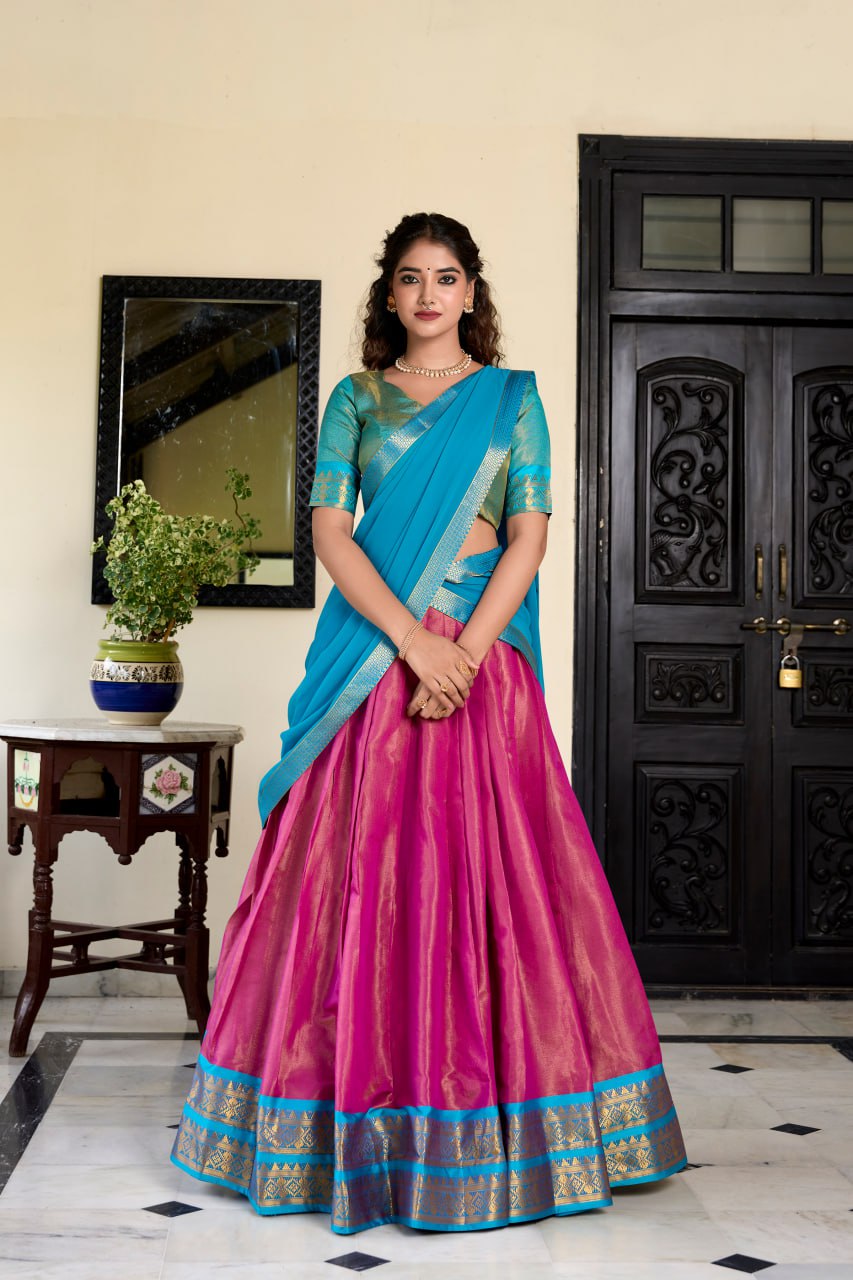 Pink Heritage Kanchipuram Silk Lehenga Choli with Zari Weaving & Dupatta