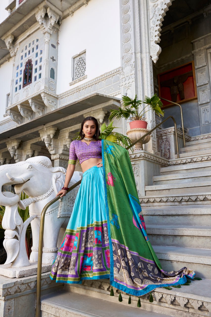 Sky Blue Kalamkari Lehenga Choli with Foil Work & Gota Patti Dupatta